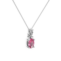 Pembe kuvars ve pırlanta 8 ayar beyaz altın kolye (0.24 karat, 40 cm gümüş rolo zincir)