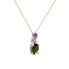 Peridot ve rodolit garnet 8 ayar beyaz altın kolye (40 cm altın rolo zincir)