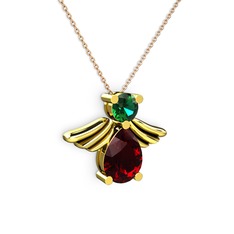 Garnet ve yeşil kuvars 14 ayar altın kolye (40 cm rose altın rolo zincir)