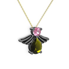 Peridot ve pembe kuvars 925 ayar siyah rodyum kaplama gümüş kolye (40 cm gümüş rolo zincir)
