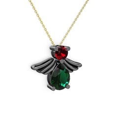Fabriel Melek Kolye - Yeşil kuvars ve garnet 925 ayar siyah rodyum kaplama gümüş kolye (40 cm gümüş rolo zincir) #1153xa8