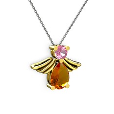 Fabriel Melek Kolye - Sitrin ve pembe kuvars 18 ayar altın kolye (40 cm gümüş rolo zincir) #11jkrup