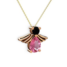 Pembe kuvars ve siyah zirkon 925 ayar rose altın kaplama gümüş kolye (40 cm altın rolo zincir)