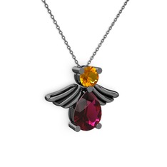 Fabriel Melek Kolye - Rodolit garnet ve sitrin 925 ayar siyah rodyum kaplama gümüş kolye (40 cm gümüş rolo zincir) #12e6752