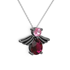 Fabriel Melek Kolye - Rodolit garnet ve pembe kuvars 925 ayar siyah rodyum kaplama gümüş kolye (40 cm beyaz altın rolo zincir) #12hlzbk