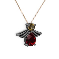 Garnet ve dumanlı kuvars 925 ayar siyah rodyum kaplama gümüş kolye (40 cm rose altın rolo zincir)