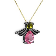 Fabriel Melek Kolye - Pembe kuvars ve peridot 925 ayar siyah rodyum kaplama gümüş kolye (40 cm altın rolo zincir) #1453dam