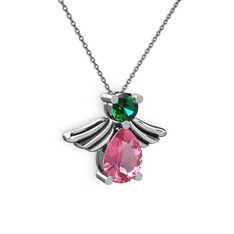 Pembe kuvars ve yeşil kuvars 8 ayar beyaz altın kolye (40 cm gümüş rolo zincir)