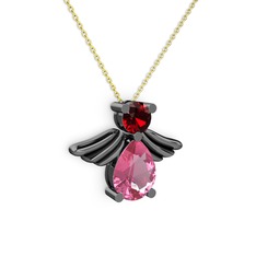 Fabriel Melek Kolye - Pembe kuvars ve garnet 925 ayar siyah rodyum kaplama gümüş kolye (40 cm gümüş rolo zincir) #14om4b3