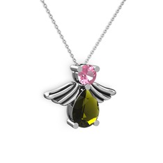 Fabriel Melek Kolye - Peridot ve pembe kuvars 925 ayar gümüş kolye (40 cm beyaz altın rolo zincir) #156871w