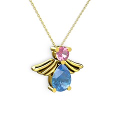 Akuamarin ve pembe kuvars 18 ayar altın kolye (40 cm altın rolo zincir)