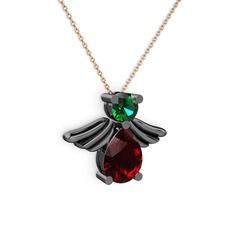 Fabriel Melek Kolye - Garnet ve yeşil kuvars 925 ayar siyah rodyum kaplama gümüş kolye (40 cm rose altın rolo zincir) #169bpeh