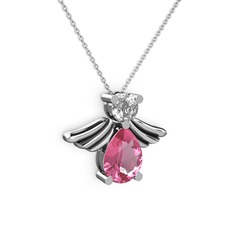 Fabriel Melek Kolye - Pembe kuvars ve beyaz zirkon 18 ayar beyaz altın kolye (40 cm beyaz altın rolo zincir) #16x662s