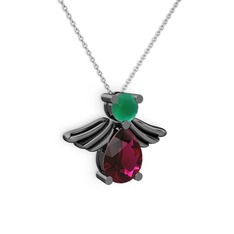 Fabriel Melek Kolye - Rodolit garnet ve kök zümrüt 925 ayar siyah rodyum kaplama gümüş kolye (40 cm beyaz altın rolo zincir) #174atr6