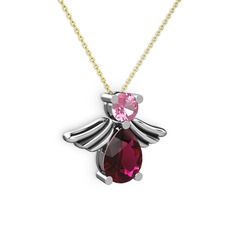 Fabriel Melek Kolye - Rodolit garnet ve pembe kuvars 18 ayar beyaz altın kolye (40 cm gümüş rolo zincir) #17kd6yx