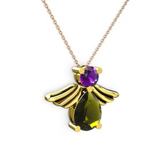 Peridot ve ametist 8 ayar altın kolye (40 cm rose altın rolo zincir)