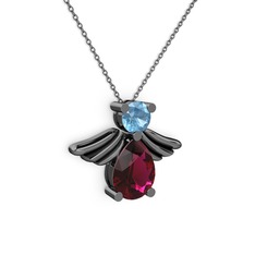 Fabriel Melek Kolye - Rodolit garnet ve akuamarin 925 ayar siyah rodyum kaplama gümüş kolye (40 cm gümüş rolo zincir) #18520nd