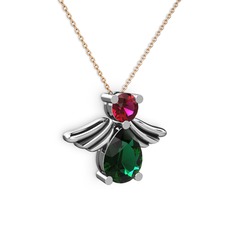 Fabriel Melek Kolye - Yeşil kuvars ve rodolit garnet 14 ayar beyaz altın kolye (40 cm rose altın rolo zincir) #193mibi