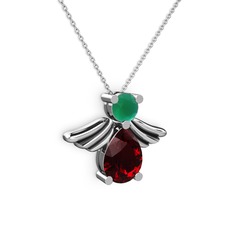 Garnet ve kök zümrüt 14 ayar beyaz altın kolye (40 cm beyaz altın rolo zincir)