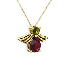 Fabriel Melek Kolye - Rodolit garnet ve peridot 14 ayar altın kolye (40 cm altın rolo zincir) #1a2j0u2