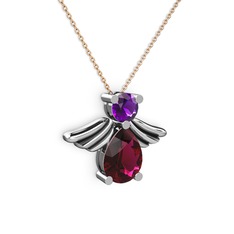 Fabriel Melek Kolye - Rodolit garnet ve ametist 18 ayar beyaz altın kolye (40 cm rose altın rolo zincir) #1abnc5