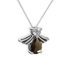 Fabriel Melek Kolye - Dumanlı kuvars ve swarovski 8 ayar beyaz altın kolye (40 cm gümüş rolo zincir) #1aj5l0i