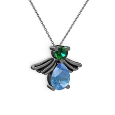 Fabriel Melek Kolye - Akuamarin ve yeşil kuvars 925 ayar siyah rodyum kaplama gümüş kolye (40 cm gümüş rolo zincir) #1amxd2p