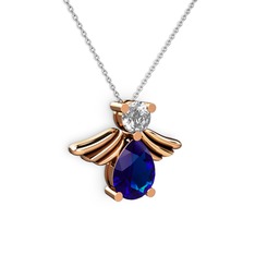 Lab safir ve beyaz zirkon 8 ayar rose altın kolye (40 cm beyaz altın rolo zincir)