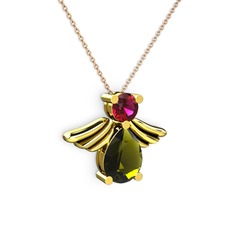 Fabriel Melek Kolye - Peridot ve rodolit garnet 8 ayar altın kolye (40 cm rose altın rolo zincir) #1bc88e3