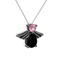 Fabriel Melek Kolye - Siyah zirkon ve pembe kuvars 925 ayar siyah rodyum kaplama gümüş kolye (40 cm beyaz altın rolo zincir) #1bdkvo9