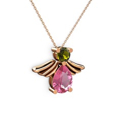 Fabriel Melek Kolye - Pembe kuvars ve peridot 14 ayar rose altın kolye (40 cm rose altın rolo zincir) #1bvw915