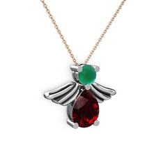 Fabriel Melek Kolye - Garnet ve kök zümrüt 18 ayar beyaz altın kolye (40 cm rose altın rolo zincir) #1ccllqt
