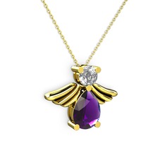 Fabriel Melek Kolye - Ametist ve swarovski 8 ayar altın kolye (40 cm altın rolo zincir) #1cd56mv