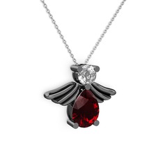 Fabriel Melek Kolye - Garnet ve swarovski 925 ayar siyah rodyum kaplama gümüş kolye (40 cm beyaz altın rolo zincir) #1d1rd3b