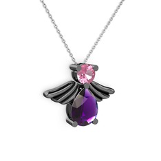 Fabriel Melek Kolye - Ametist ve pembe kuvars 925 ayar siyah rodyum kaplama gümüş kolye (40 cm beyaz altın rolo zincir) #1ddlkym