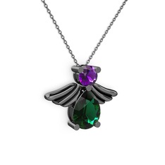 Fabriel Melek Kolye - Yeşil kuvars ve ametist 925 ayar siyah rodyum kaplama gümüş kolye (40 cm gümüş rolo zincir) #1e0uqtx