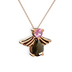 Dumanlı kuvars ve pembe kuvars 18 ayar rose altın kolye (40 cm gümüş rolo zincir)