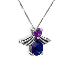Fabriel Melek Kolye - Lab safir ve ametist 14 ayar beyaz altın kolye (40 cm gümüş rolo zincir) #1ej57zc
