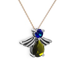 Peridot ve lab safir 18 ayar beyaz altın kolye (40 cm rose altın rolo zincir)
