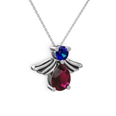 Rodolit garnet ve lab safir 925 ayar gümüş kolye (40 cm beyaz altın rolo zincir)