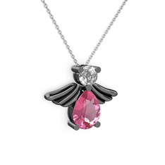 Fabriel Melek Kolye - Pembe kuvars ve swarovski 925 ayar siyah rodyum kaplama gümüş kolye (40 cm beyaz altın rolo zincir) #1ezbpd8