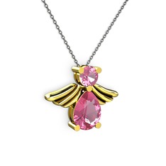 Fabriel Melek Kolye - Pembe kuvars 18 ayar altın kolye (40 cm gümüş rolo zincir) #1f48g0f