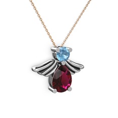 Rodolit garnet ve akuamarin 14 ayar beyaz altın kolye (40 cm rose altın rolo zincir)