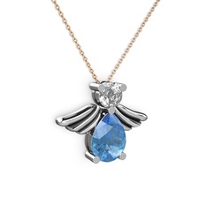 Akuamarin ve beyaz zirkon 8 ayar beyaz altın kolye (40 cm rose altın rolo zincir)