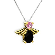 Siyah zirkon ve pembe kuvars 14 ayar altın kolye (40 cm beyaz altın rolo zincir)