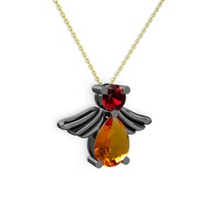 Sitrin ve garnet 925 ayar siyah rodyum kaplama gümüş kolye (40 cm altın rolo zincir)