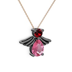 Fabriel Melek Kolye - Pembe kuvars ve garnet 925 ayar siyah rodyum kaplama gümüş kolye (40 cm rose altın rolo zincir) #1gcx0h5