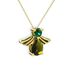 Peridot ve yeşil kuvars 14 ayar altın kolye (40 cm gümüş rolo zincir)
