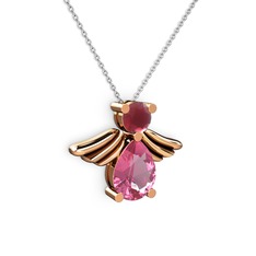 Fabriel Melek Kolye - Pembe kuvars ve kök yakut 18 ayar rose altın kolye (40 cm beyaz altın rolo zincir) #1ha0k13