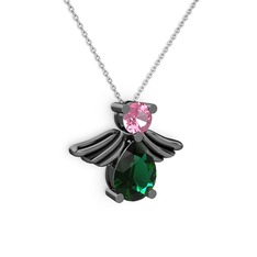 Fabriel Melek Kolye - Yeşil kuvars ve pembe kuvars 925 ayar siyah rodyum kaplama gümüş kolye (40 cm beyaz altın rolo zincir) #1ha677d